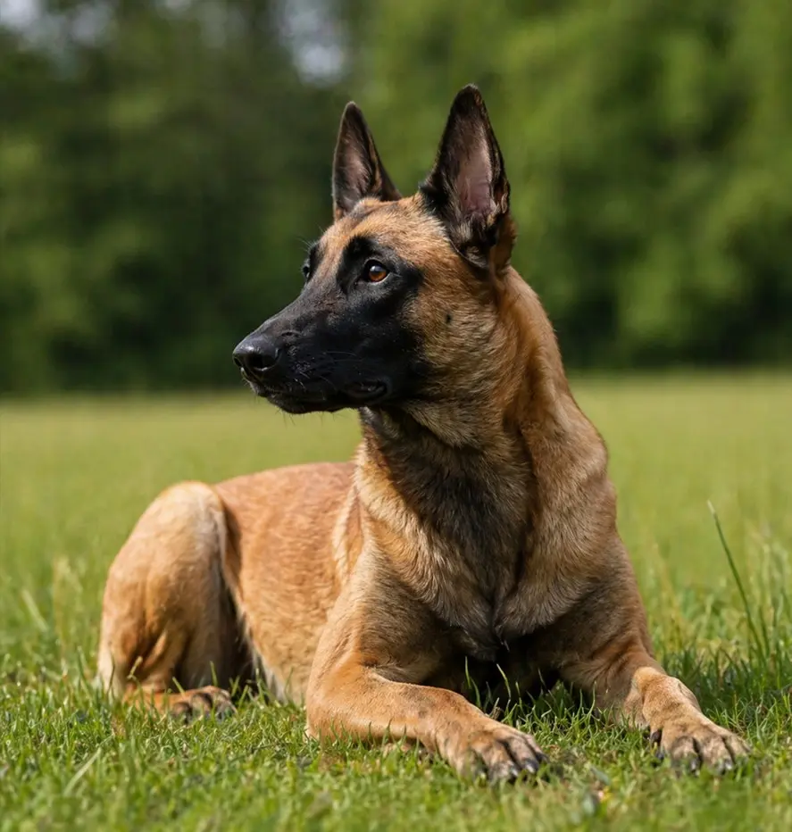 Belgijski ovčar Malinois leži na travi na otvorenom