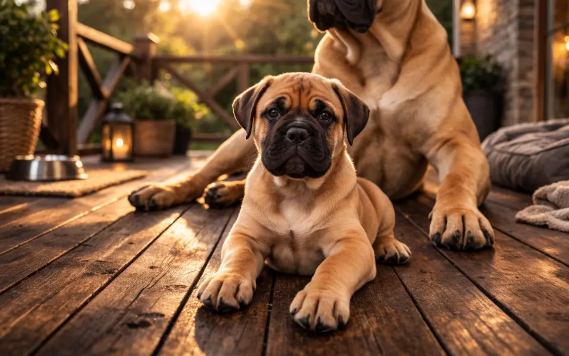 štene bulmastifa leži uz odraslog psa na drvenoj verandi pri zalasku sunca