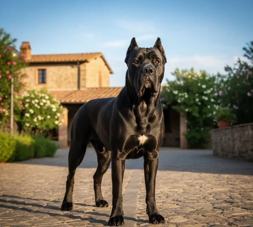 Pas Cane Corso stoji na malom puteljku ispred vile.