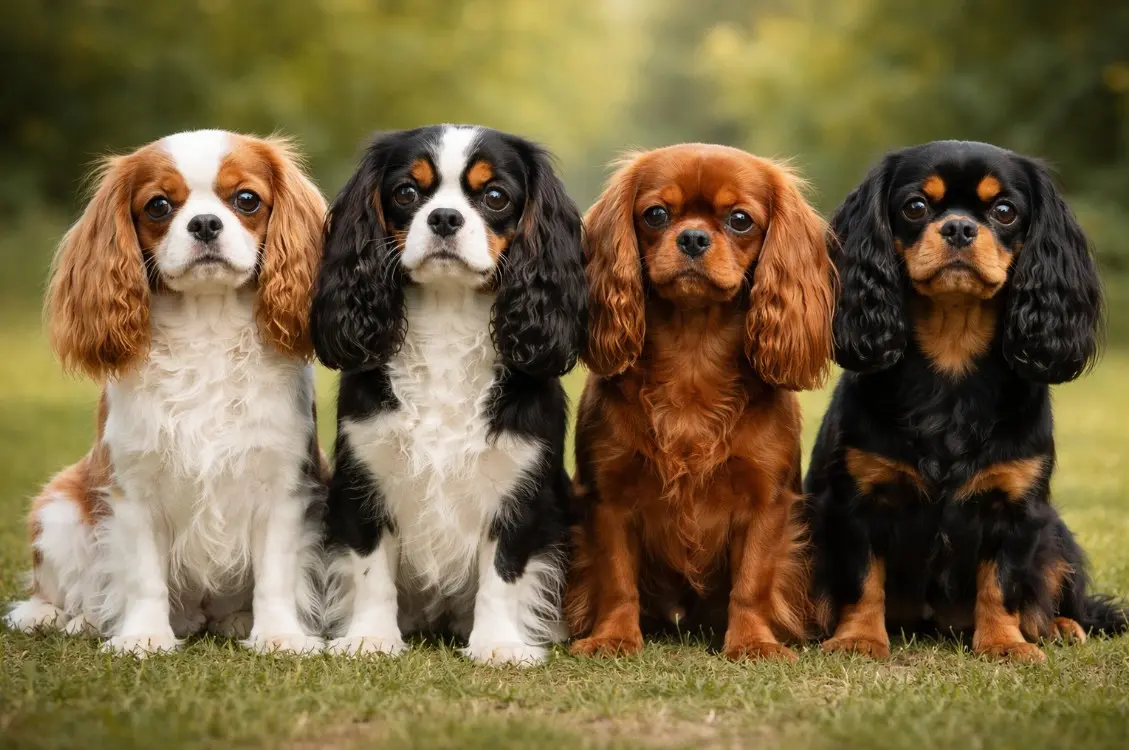 Četiri službene boje Cavalier King Charles španijela: Blenheim, Tricolor, Ruby i Black and Tan sjede zajedno na travi