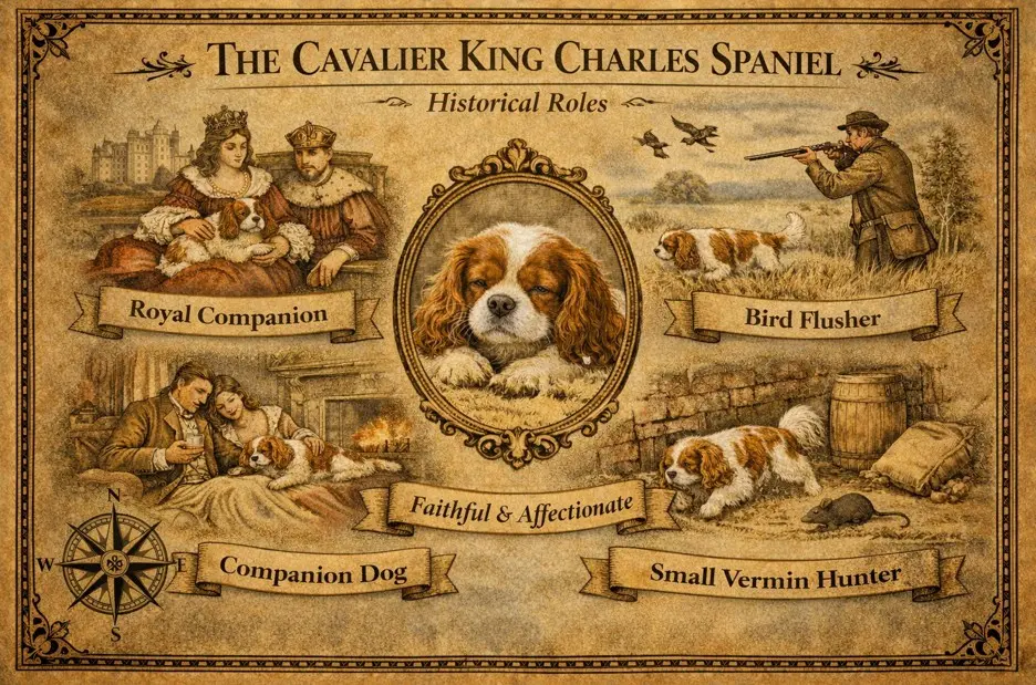 Povijesna ilustracija Cavalier King Charles španijela u ulogama kraljevskog pratitelja, lovca na ptice i terapijskog psa
