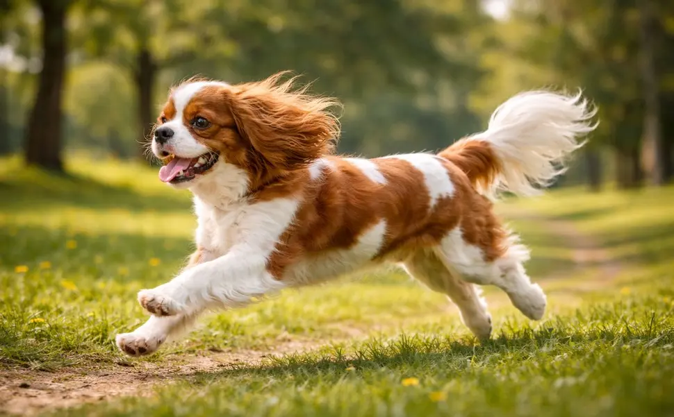 Cavalier King Charles španijel radosno trči u sunčanom parku – vedar i elegantan pratitelj