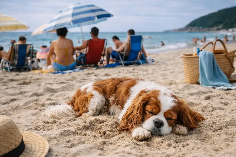 Cavalier King Charles španijel s kestenjasto-bijelom dlakom mirno spava na pijesku plaže među ljetnim gostima