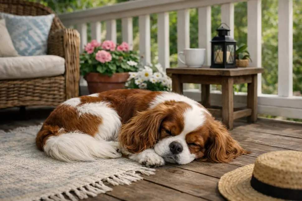 Cavalier King Charles španijel mirno spava na verandi s cvijećem i pletenom stolicom – kućni život i njega pasmine