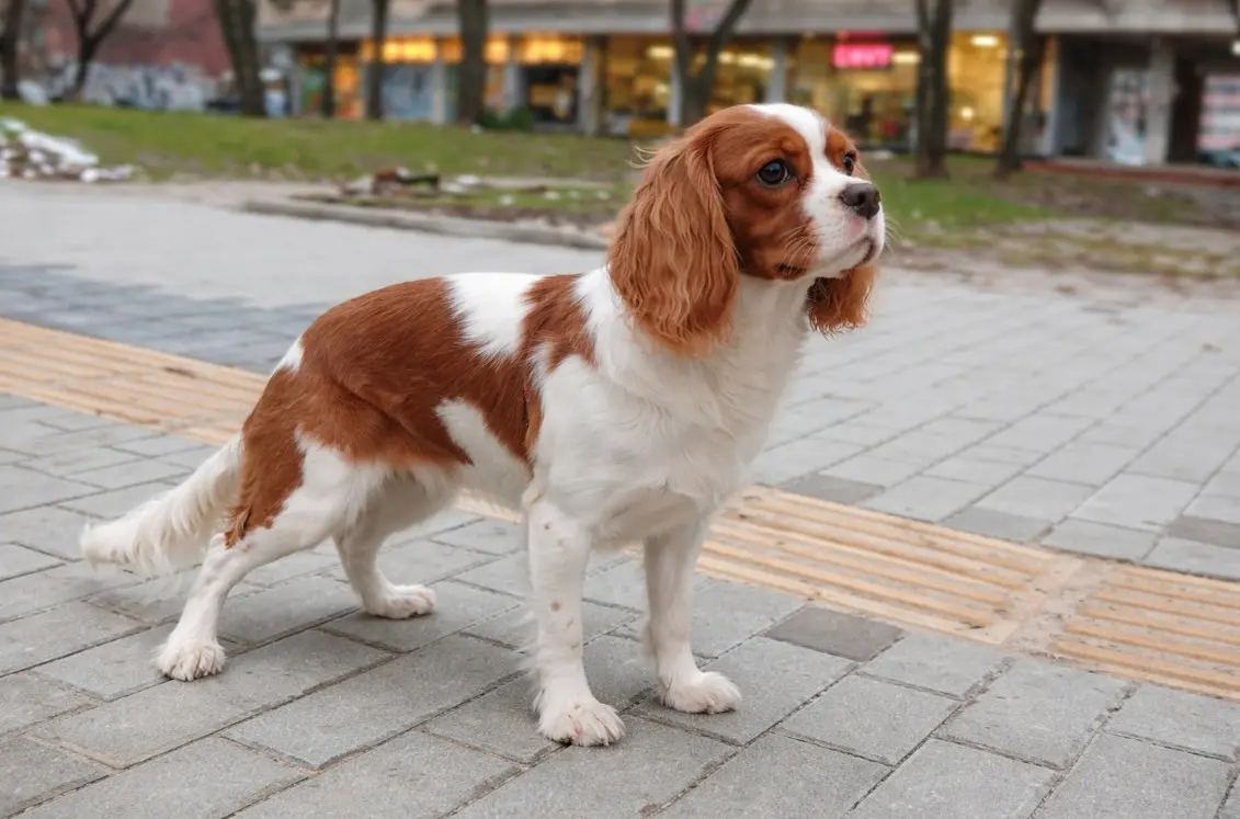 Cavalier King Charles španijel stoji u profilu na pločniku – portret koji pokazuje proporcije i tipičan izgled pasmine