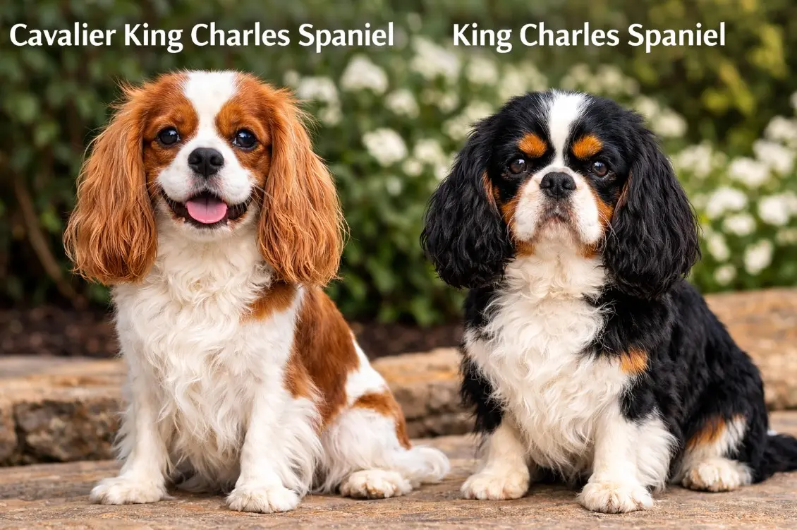 Usporedba između Cavalier King Charles španijela (lijevo) i King Charles španijela (desno) – razlike u glavi i veličini