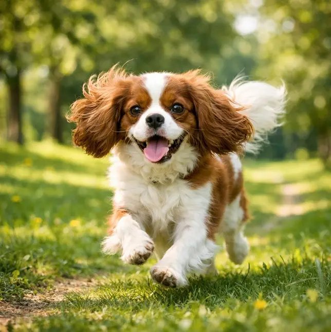 Sretan Cavalier King Charles španijel trči s podignutim ušima u zelenom parku – prikaz energije i pozitivnog raspoloženja