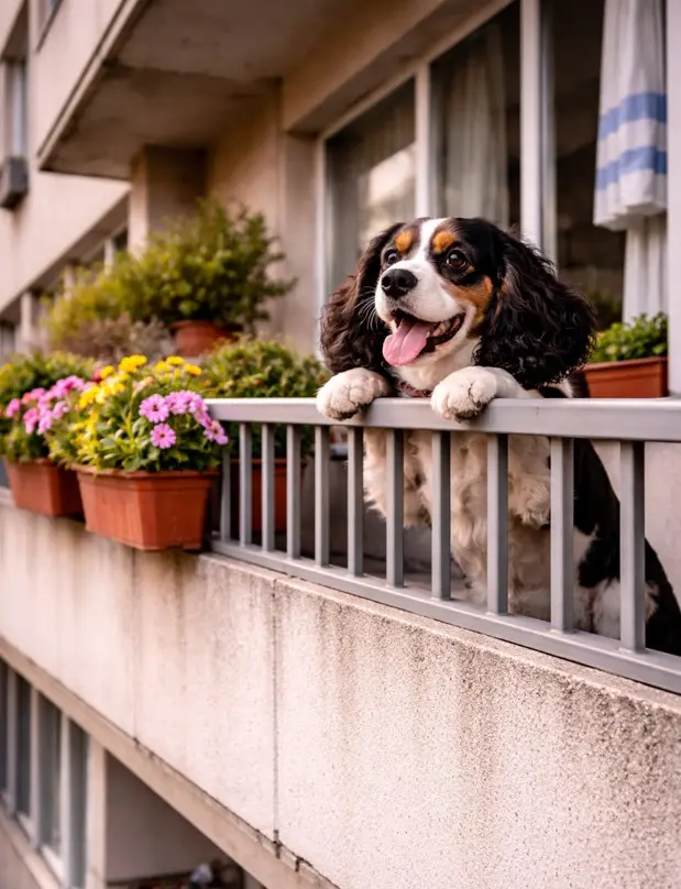 Koker španijel gleda s balkona stana – pasmina je prikladna za život u stanu