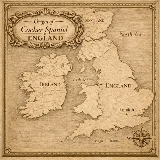 Stara karta Velike Britanije – podrijetlo Koker španijel je u Engleskoj