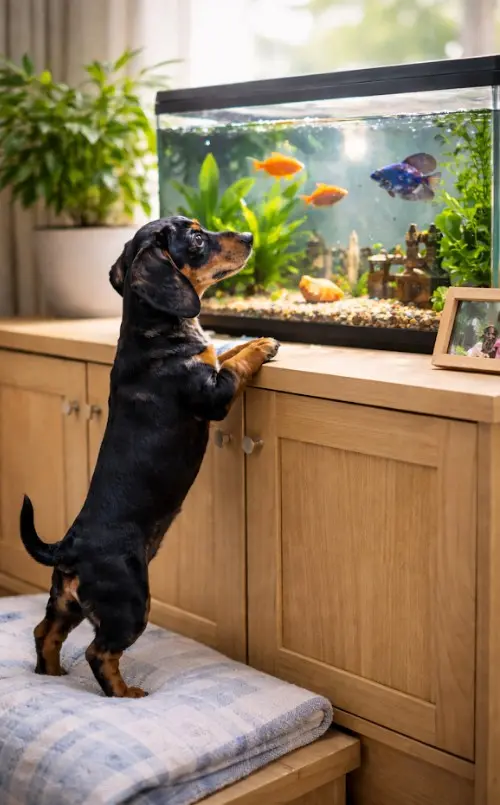 Jazavčar promatra ribe u kućnom akvariju