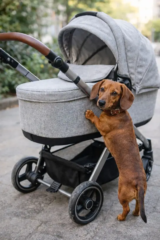 Znatiželjni jazavčar proviruje u dječja kolica