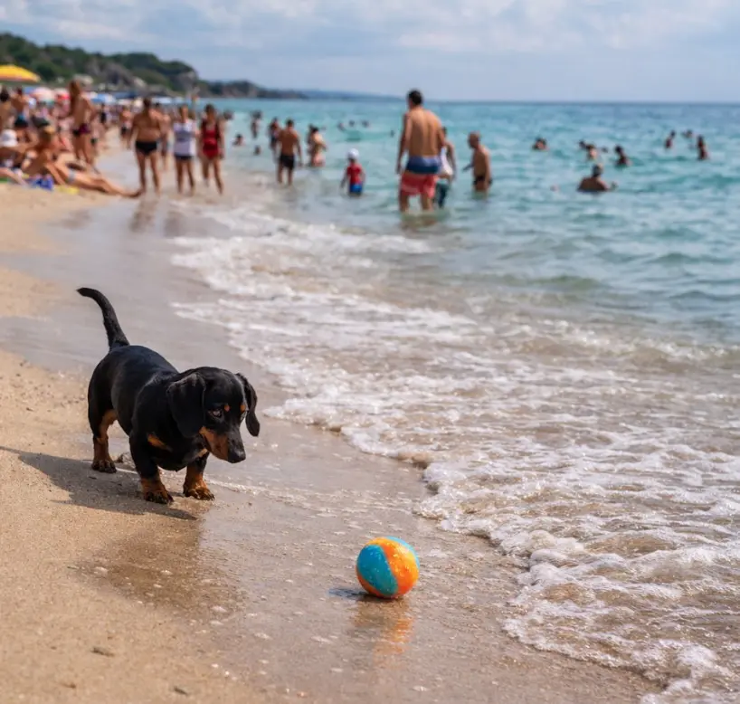 Jazavčar se igra loptom na plaži