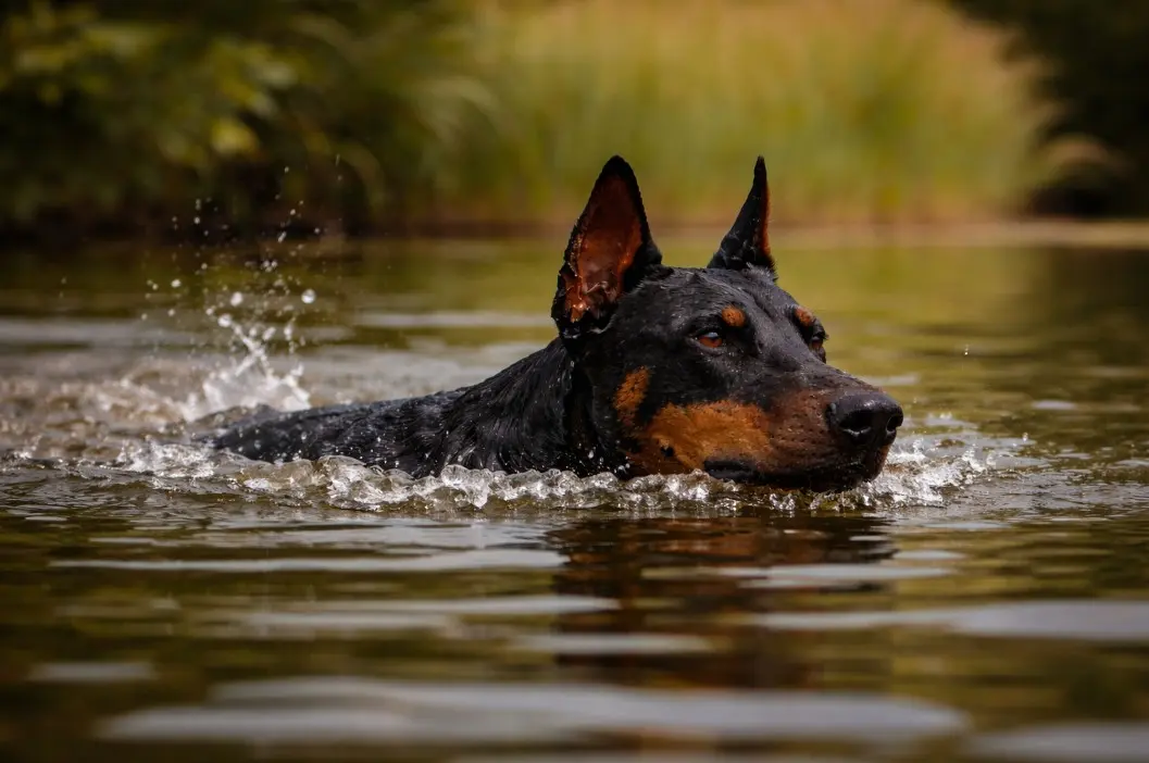 Crni i smeđi Doberman Pinscher pliva u prirodnom vodenom okruženju, s glavom iznad vode – demonstracija njegove prirodne ljubavi prema vodi