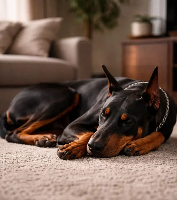 Doberman Pinscher leži opušten na mekom tepihu u kućnom okruženju – fotografija koja pokazuje njegovu nježnu i društvenu stranu