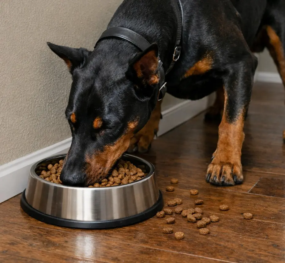 Doberman Pinscher jede suhu pseću hranu iz metalne zdjele u zatvorenom prostoru – pravilna prehrana za zdravog i aktivnog psa