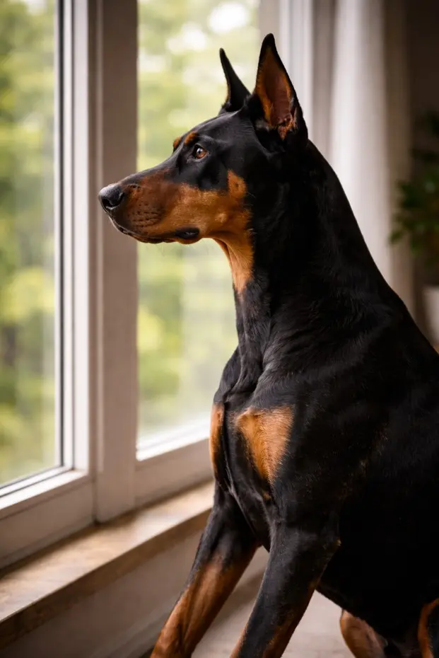 Doberman Pinscher stoji i gleda kroz prozor – izraz budnosti i prirodnog zaštitničkog instinkta