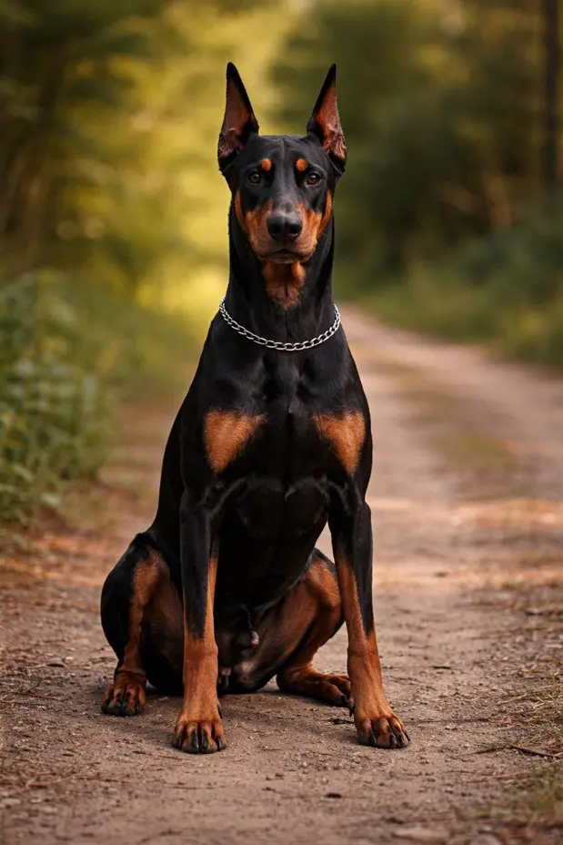 Doberman Pinscher sjedi uspravno na šumskoj stazi, pokazujući svoju atletsku i elegantnu formu