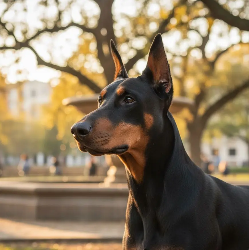 Portret crno-smeđeg dobermana pinča u osunčanom parku, stoji pokraj fontane tijekom zlatnog sata s toplim jesenskim svjetlom u pozadini.