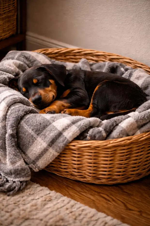 Štene Dobermana mirno spava u udobnoj pletenoj košari s dekicom – šarmantan trenutak iz života malog Dobermana
