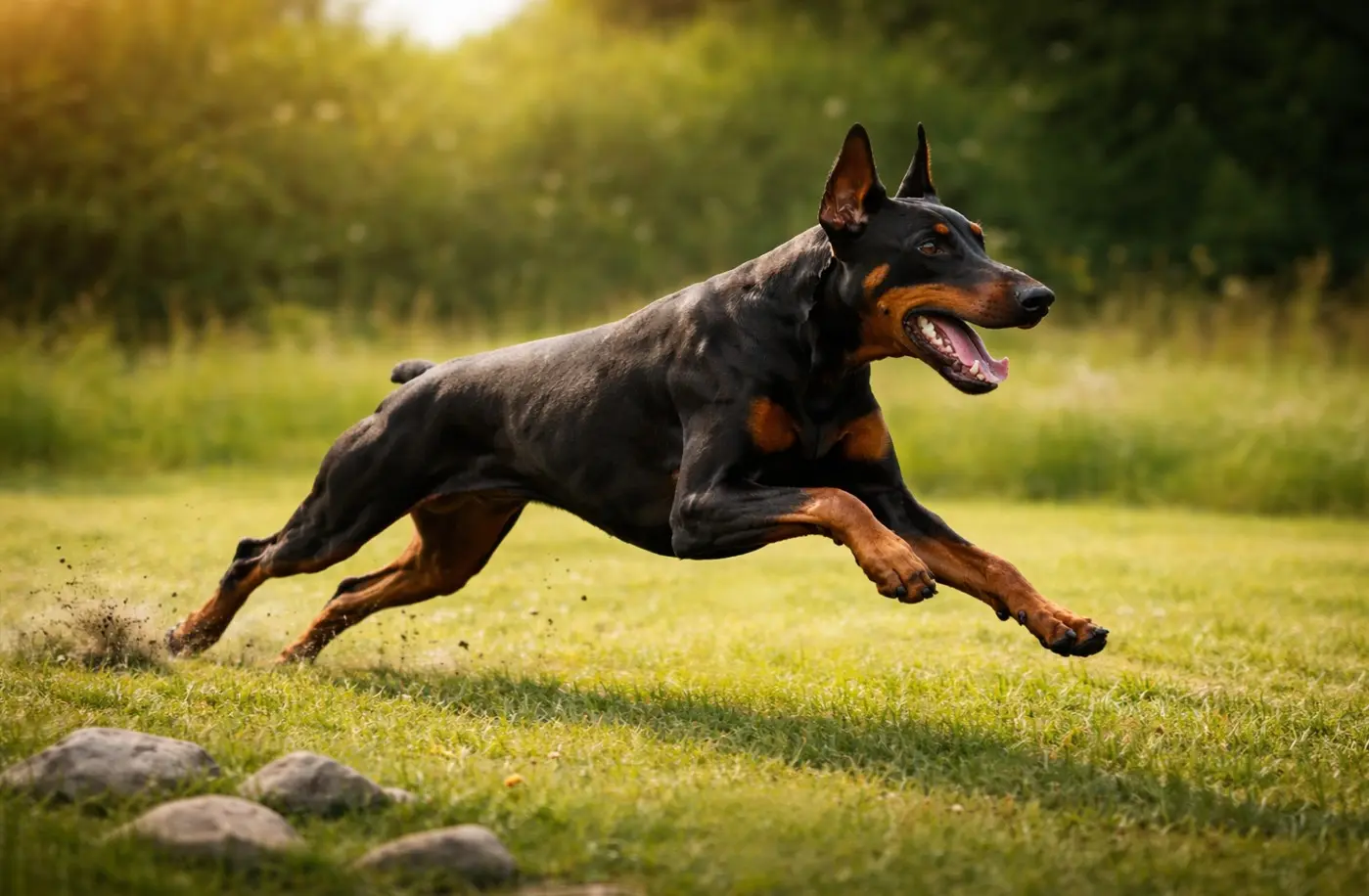 Moćni Doberman Pinč trči punom snagom preko sunčanog travnatog polja – demonstracija brzine, atletike i prirodne gracioznosti