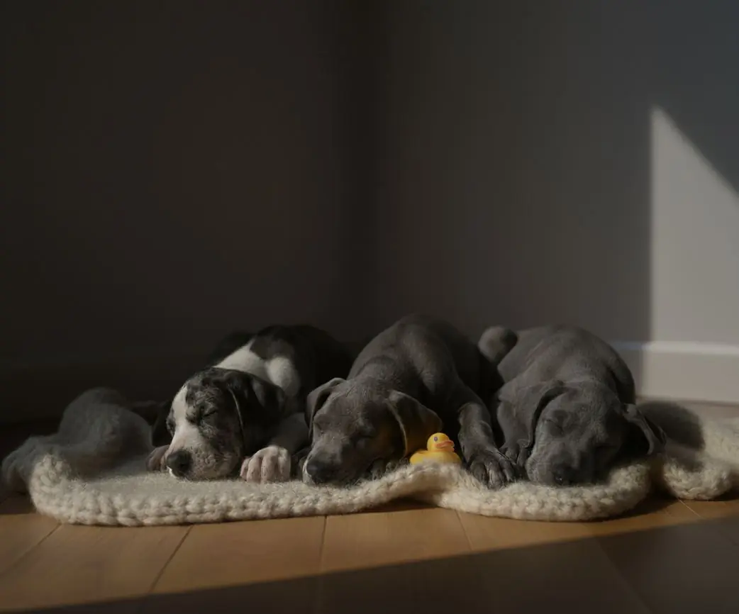Plavi i harlekin štenci Njemačke doge spavaju jedno uz drugo na pletenoj deki u ugodnom domu