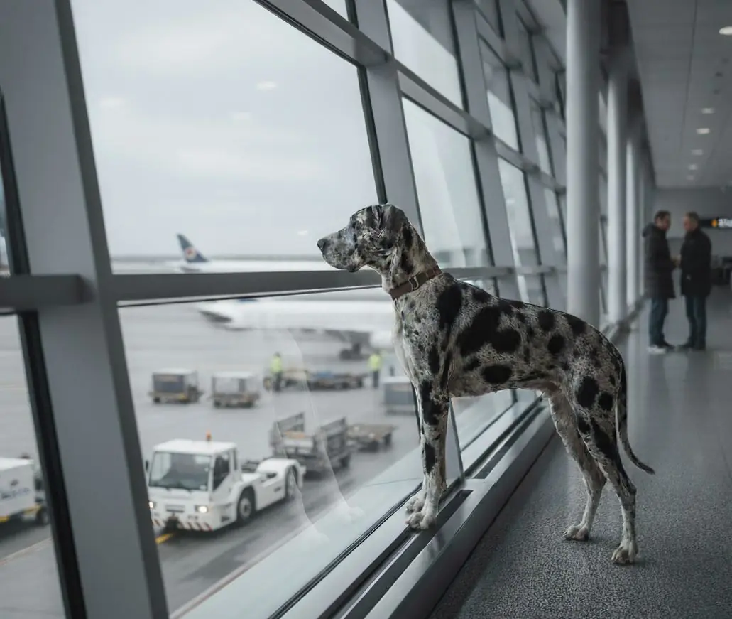 Harlekin Njemačka doga stoji pred panoramskim prozorom u zračnoj luci i gleda avione na pisti