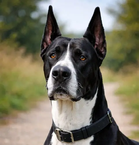 Harlekin Njemačka doga s kupiranim ušima i jantarnim očima, portret na otvorenom pri prirodnom svjetlu