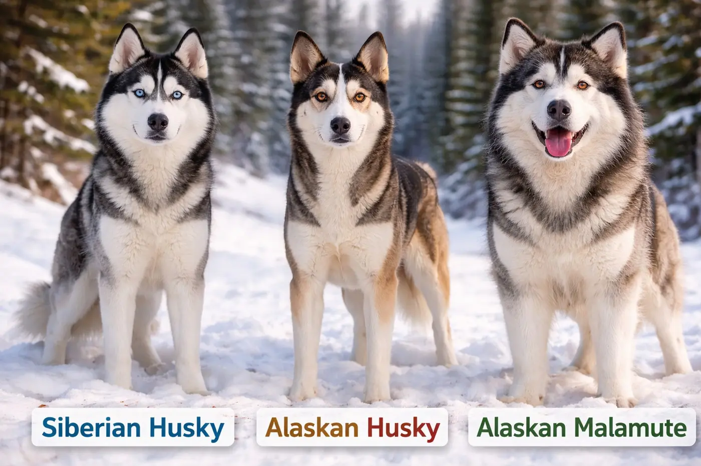 Usporedba triju pasa u snijegu: sibirski Haski s plavim okom lijevo, aljaški Haski sa smeđim okom u sredini, aljaški malamut desno