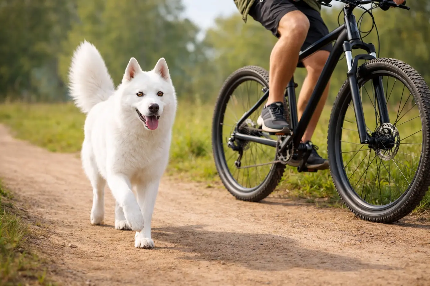 Bijeli sibirski Haski trči sa širokim osmijehom pokraj biciklista po makadamskom putu u zelenoj prirodi
