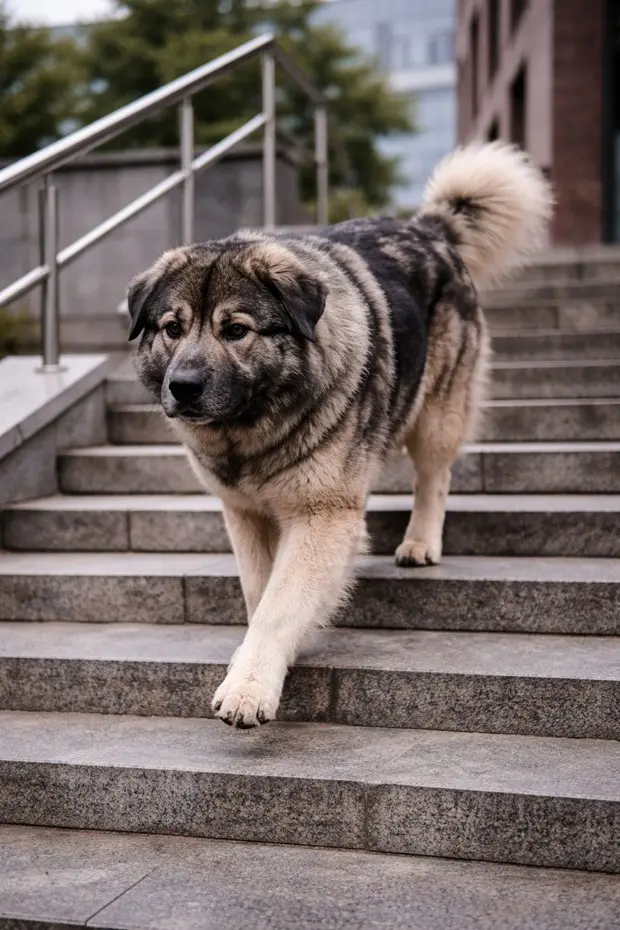 Kraški ovčar silazi niz stepenice – velik slovenski pastirski pas u gradskom okruženju