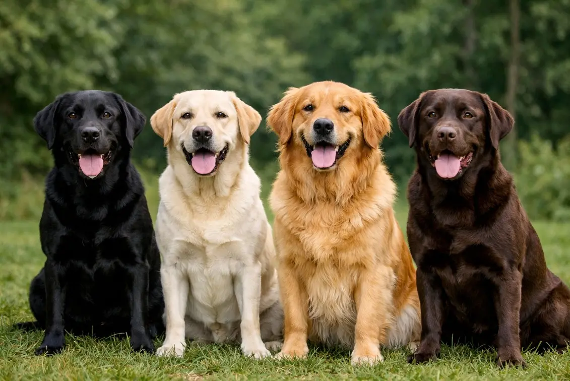 Crni, žuti i čokoladni labrador retriver zajedno sa zlatnim retriverom, sjede na travi – usporedba dviju pasmina