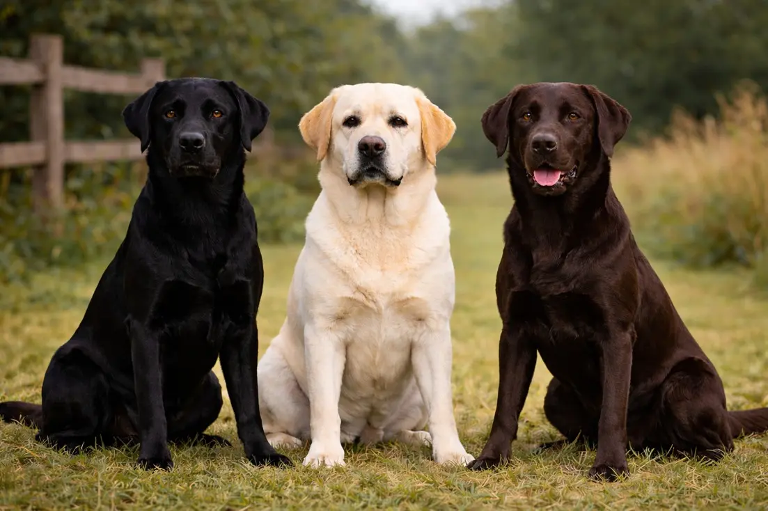 Crni, žuti i čokoladni engleski Labrador Retriver – masivniji i šire glave u usporedbi s američkim tipom