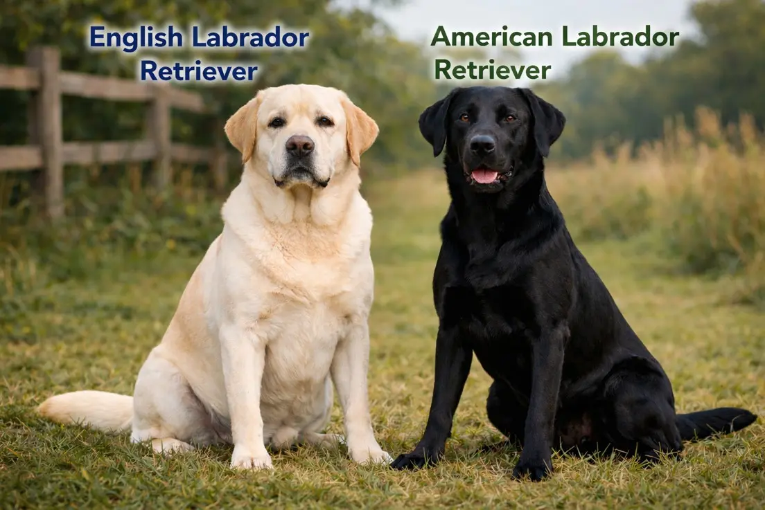 Usporedba između engleskog Labrador Retrivera (žuti, masivniji) i američkog Labrador Retrivera (crni, vitkiji) – oba tipa sjede jedan pored drugog
