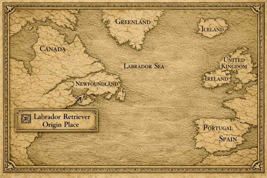 Stara karta koja prikazuje Newfoundland, Kanada – rodno mjesto Labrador Retrivera