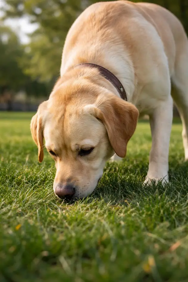 Žuti Labrador Retriver, istreniran da prati miris, drži nos uz tlo u parku – demonstracija njegovih izoštrenih osjetila
