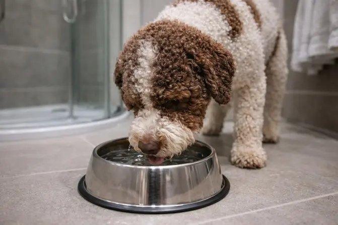 Lagotto Romagnolo pije vodu iz zdjele u kupaonici – pravilna hidracija ključna je za zdravlje pasmine