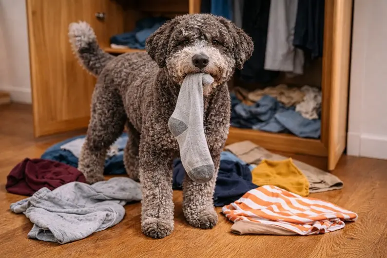 Lagotto Romagnolo drži čarapu u neurednoj sobi – razigranost i znatiželja među glavnim su crtama karaktera