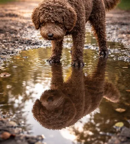 Lagotto Romagnolo promatra svoj odraz u lokvi – pasmina izoštrenih osjetila i prirodne znatiželje
