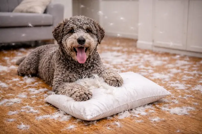 Lagotto Romagnolo leži na poderanom jastuku s perjem – razigrana narav koja zahtijeva aktivnu angažiranost