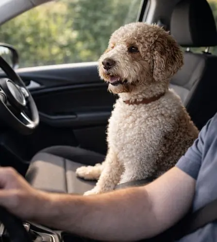 Lagotto Romagnolo sjedi na prednjem sjedalu automobila – prilagodljiv pas za aktivne ljude