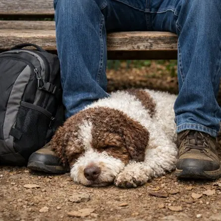 Lagotto Romagnolo spava uz noge vlasnika na klupi vani – mirna i povjerljiva pasmina
