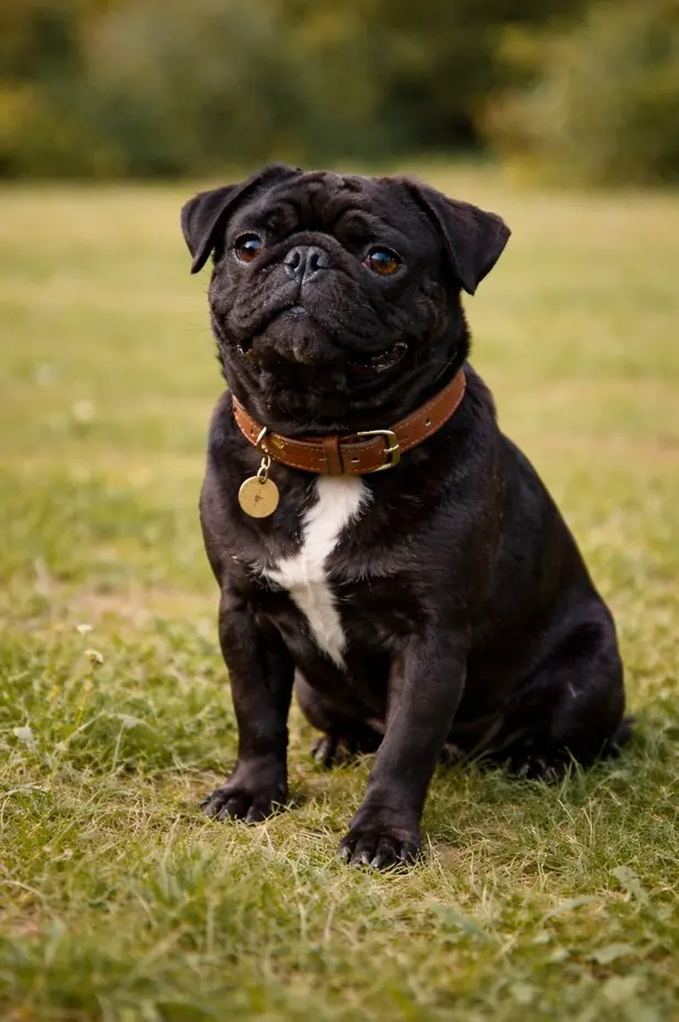 Crni Mops koji sjedi na travi s smeđom ogrlicom