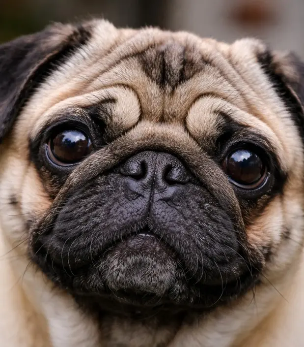 Mops izbliza – karakteristično naborano lice i velike tamne oči
