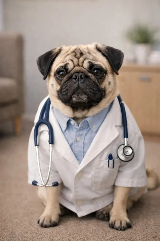 Mops na veterinarskom pregledu sa stetoskopom