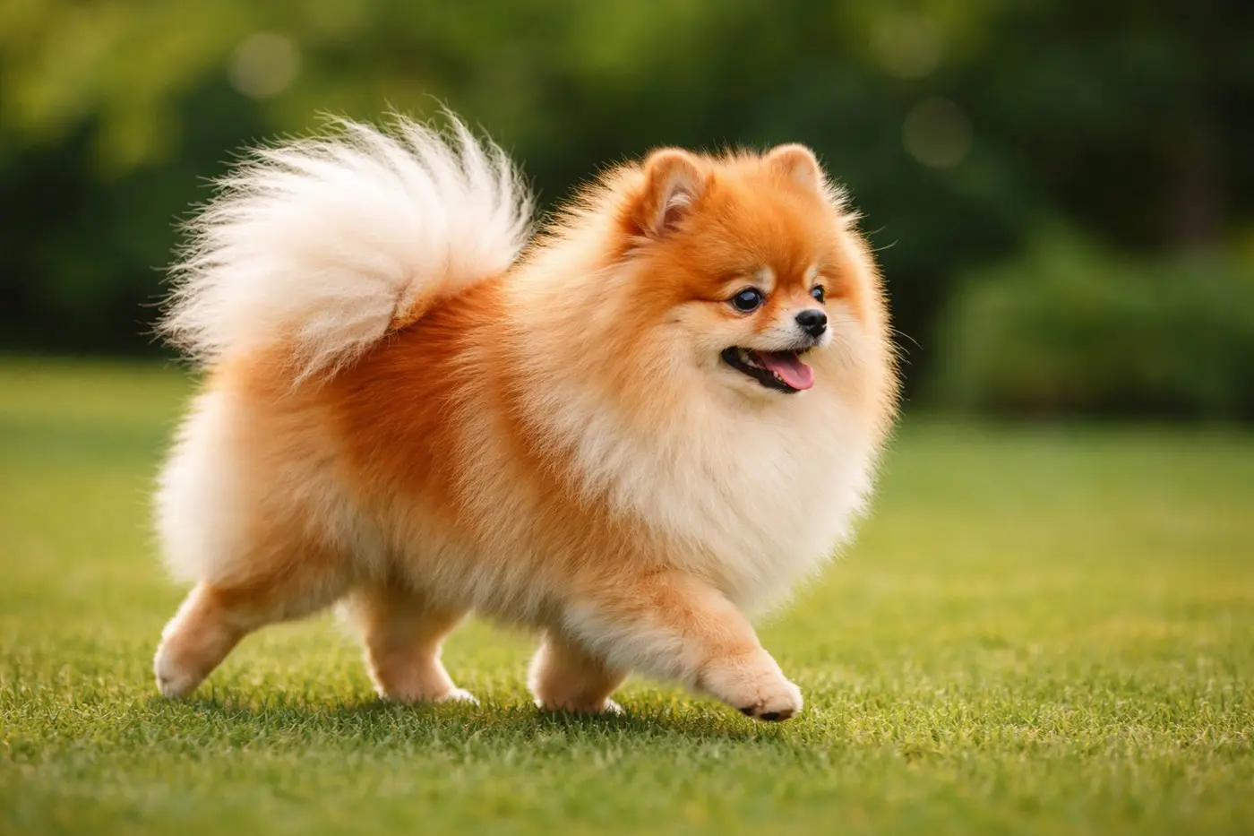 Čistokrvni Pomeranac s pahuljastom narančasto-krem dlakom i uvijenim repom, šeće po zelenom travnjaku s otvorenim ustima i veselim izrazom