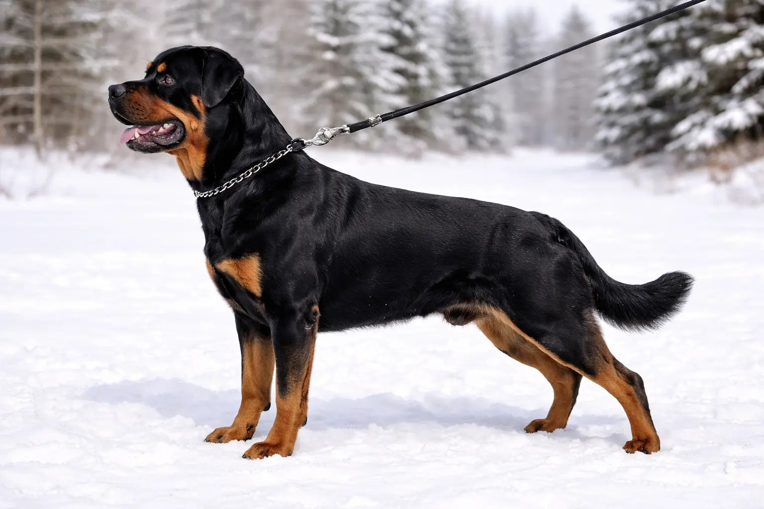Rottweiler v profilu – močna telesna zgradba, klasična črno-rjava obarvanost, voden na povodcu v zasneženem gozdu