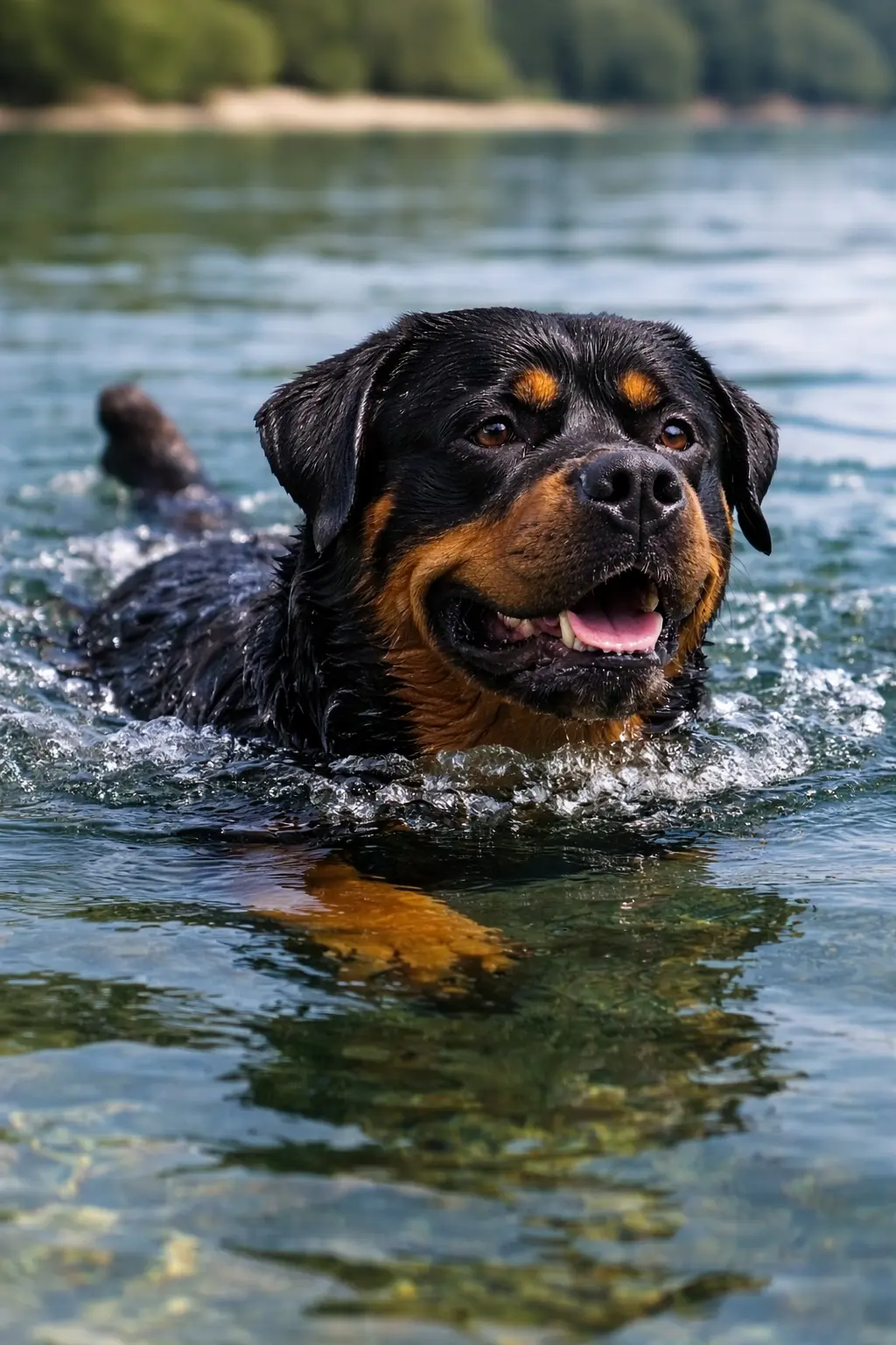 Rottweiler z veseljem plava v jezeru – aktiven, energičen pes z značilno črno-rjavo obarvanostjo