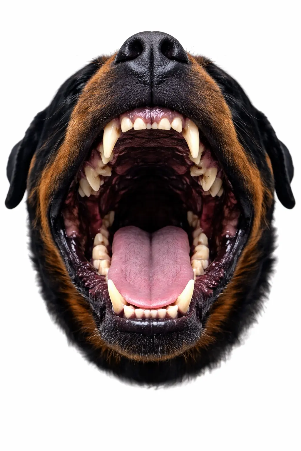 Rottweiler s široko odprtimi usti – prikaz močnega ugriza in zob pasme na belem ozadju