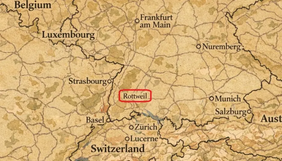 Zgodovinski zemljevid Nemčije z označenim mestom Rottweil – rojstni kraj pasme Rottweiler v zvezni deželi Baden-Württemberg