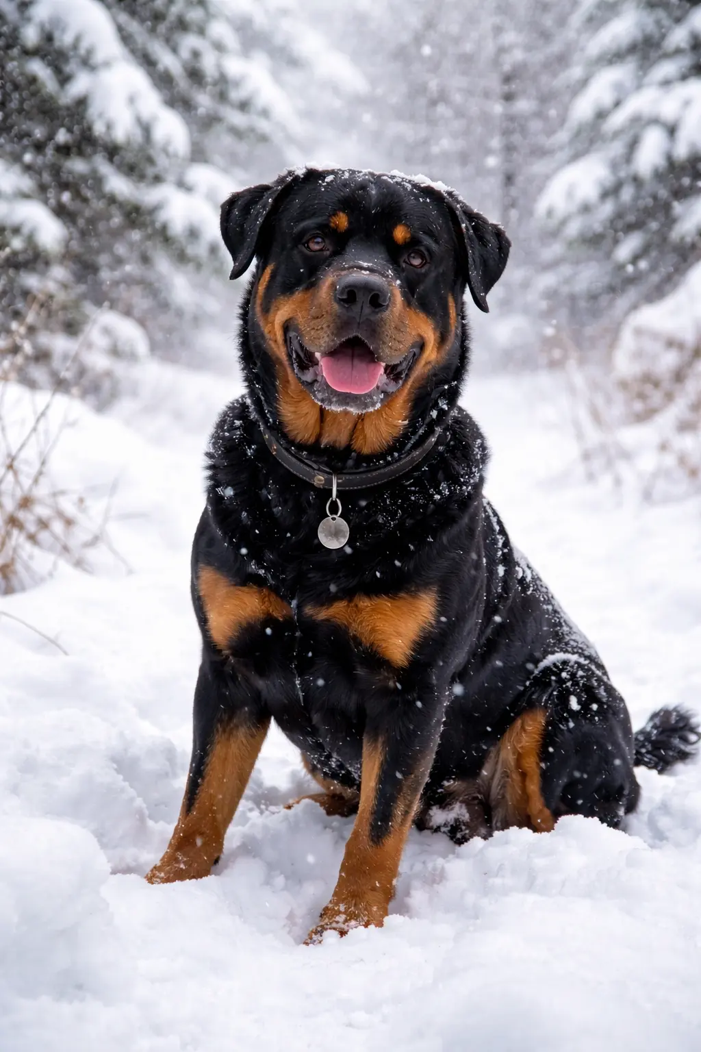 Rottweiler sedi nasmejan v snegu sredi zimske narave – pasma odlično prenaša nizke temperature